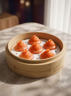 Steamed shrimp dumplings in a bamboo basket on a table