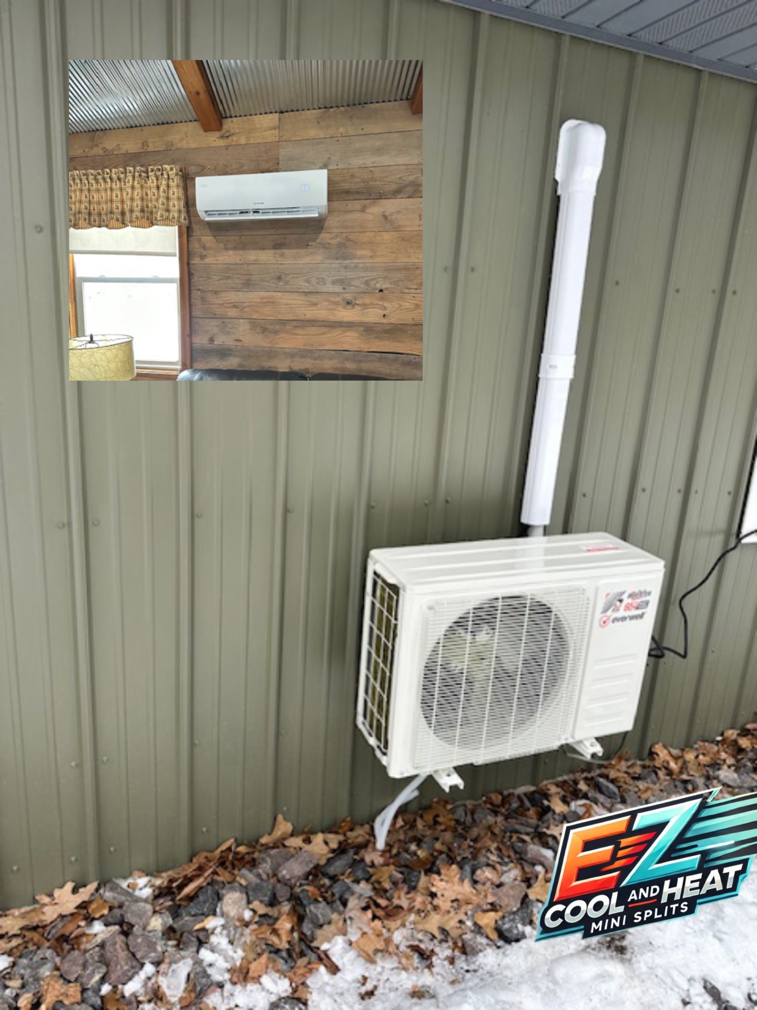 A white air conditioner is mounted on the side of a building.