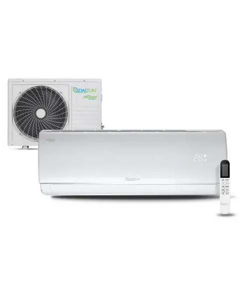 A white air conditioner with a fan and remote control on a white background.