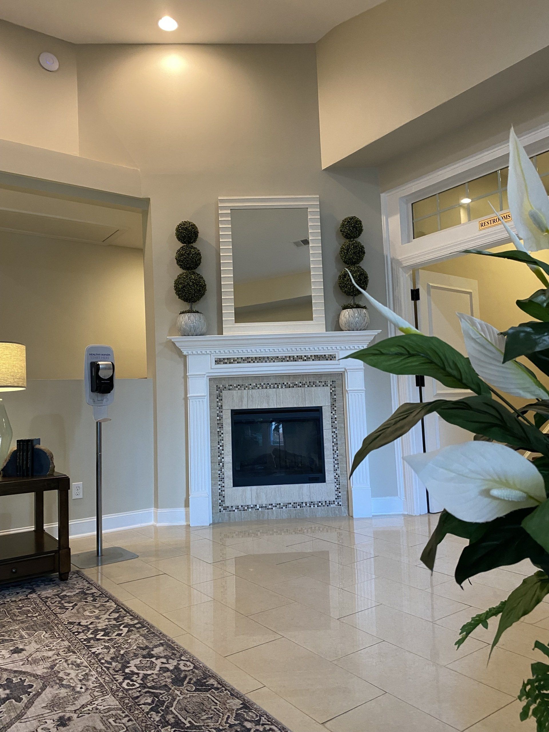 A living room with a fireplace and a mirror.
