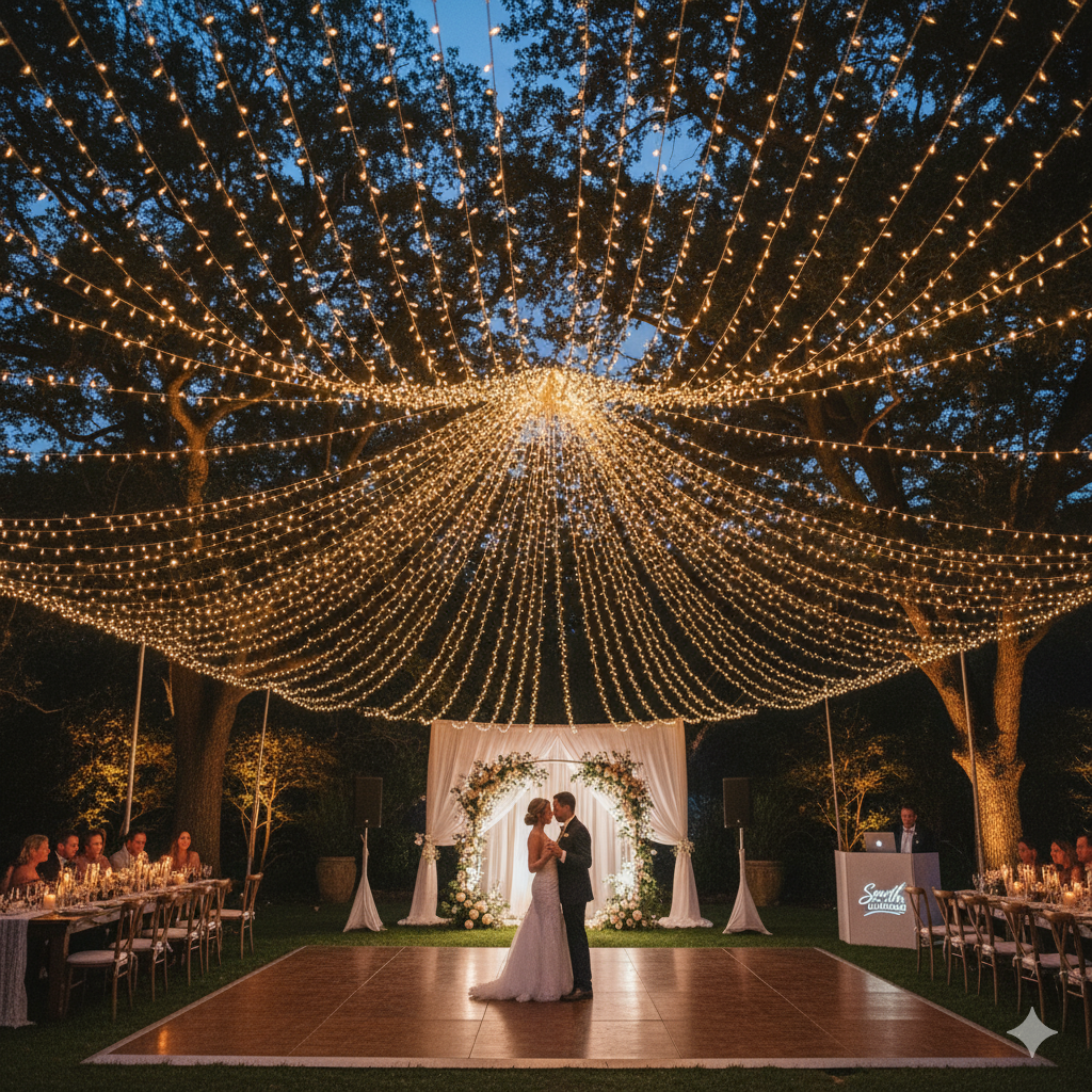 Wedding reception under twinkling lights; couple dancing, surrounded by tables, in a garden.