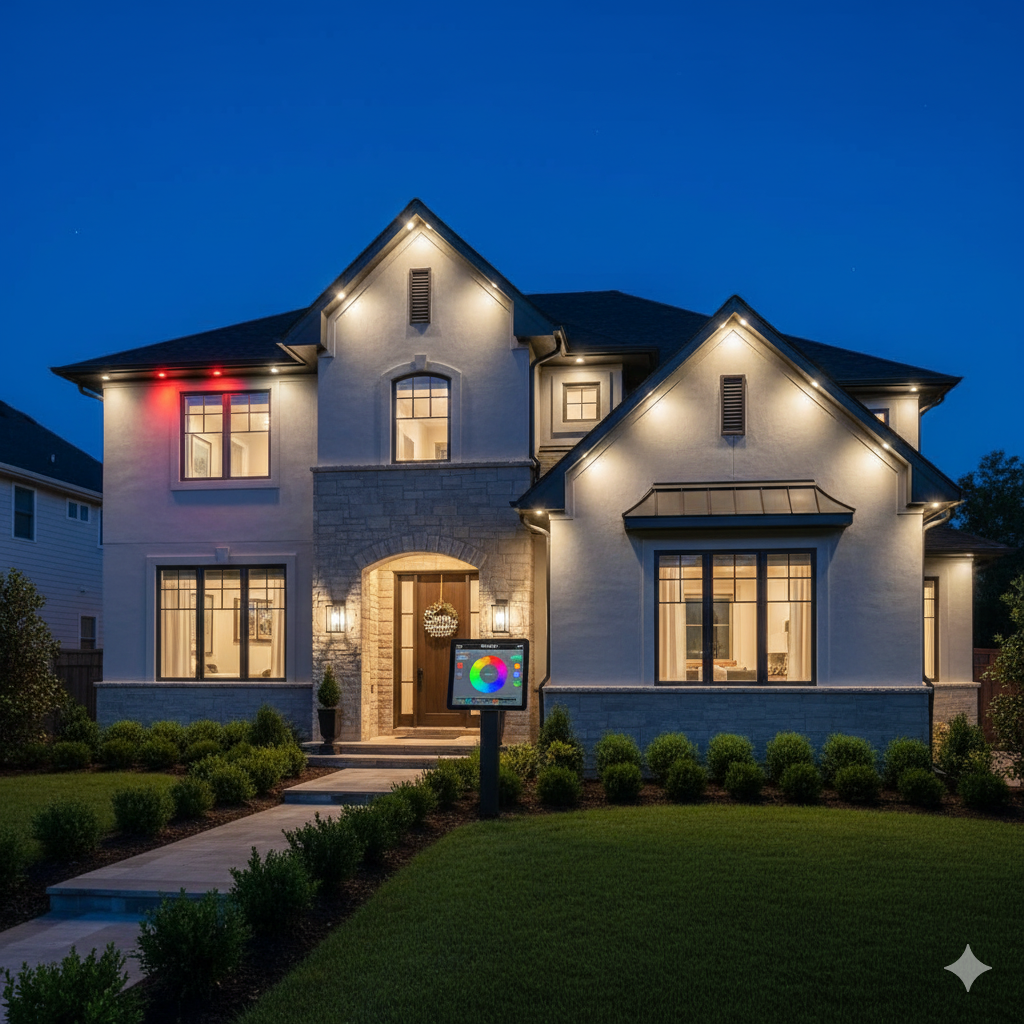 Well-lit two-story house at dusk with manicured landscaping. Red light in one window; colorful screen in front.