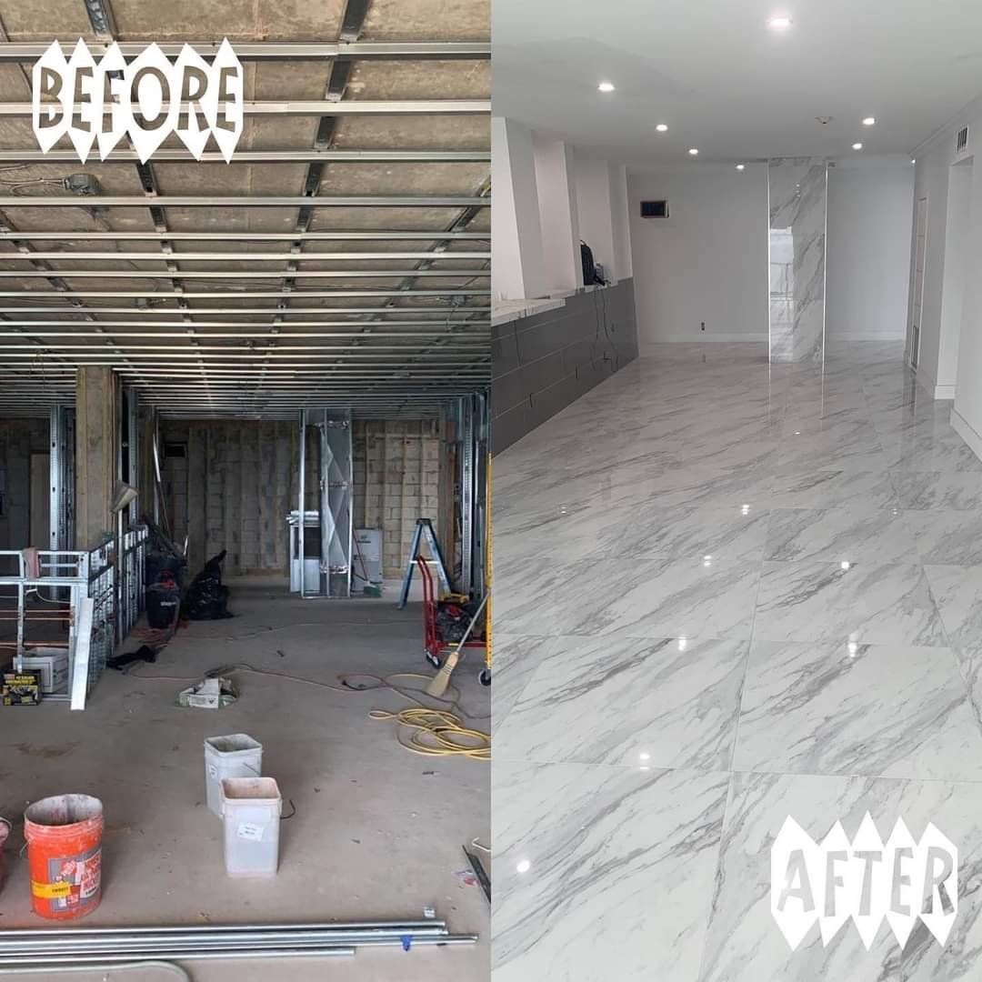 Before-and-after of a room renovation: unfinished construction on left, bright marble-floored interior on right.
