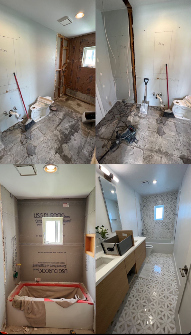 Bathroom renovation progress: torn-out walls, exposed fixtures, and tiled shower area.