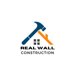 Real Wall Construction logo with blue and orange hammer forming a roof over a window icon