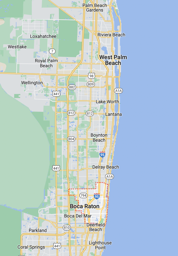 Map of coastal southeast Florida showing West Palm Beach, Boca Raton, and nearby cities along the Atlantic coast