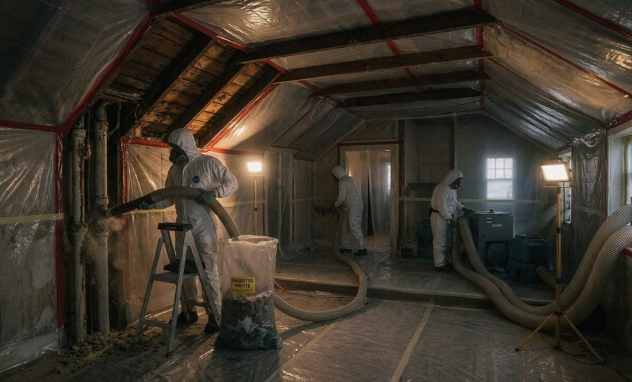 Workers installing insulation in an unfinished attic with exposed beams, ducting, and lamps under warm light