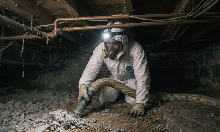 Worker crawling through a dusty crawlspace with a flashlight helmet and flexible hose in a dark basement