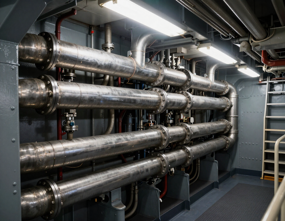 Sala macchine navale con scambiatori di calore