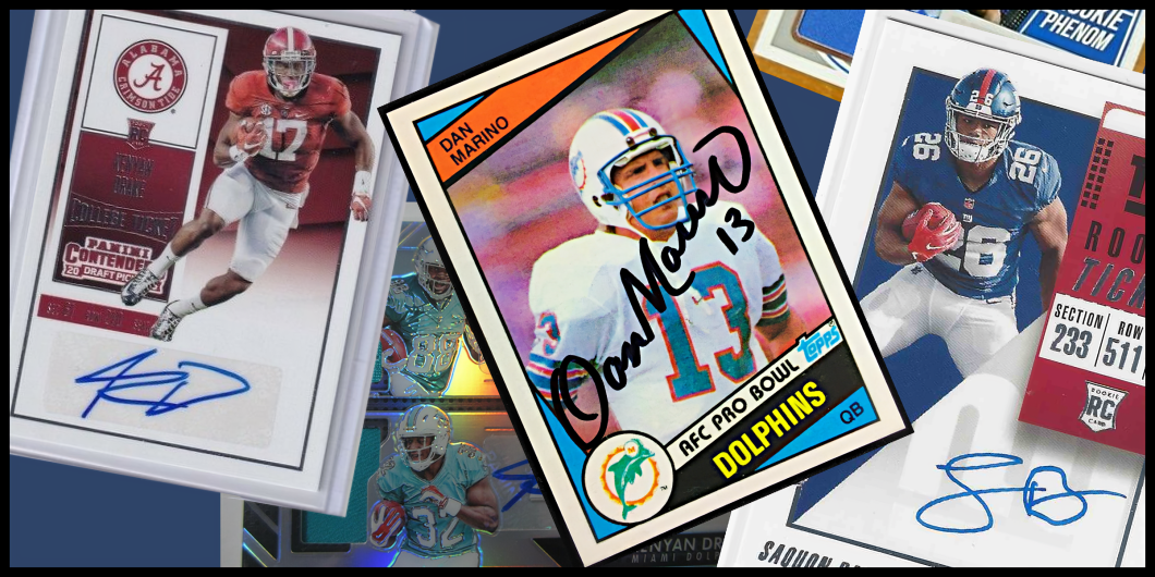 A bunch of autographed football cards are stacked on top of each other.