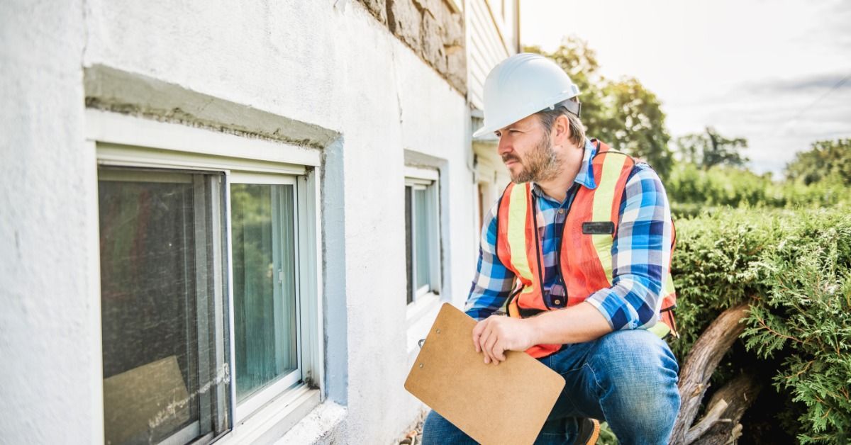 A technician inspects a basement window exterior while holding a clipboard and evaluating the window condition.