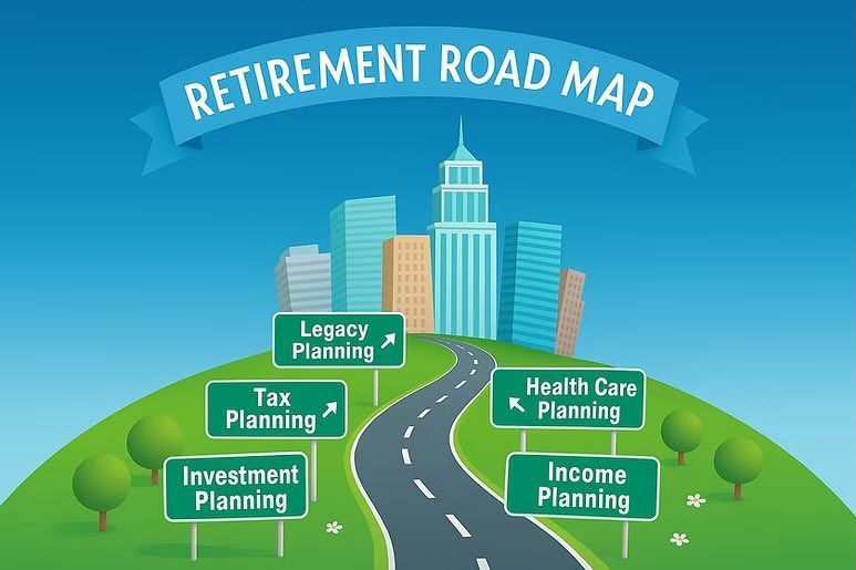Illustrated retirement roadmap with winding road, city skyline, and signs for tax, investment, estate, health care, and income planning