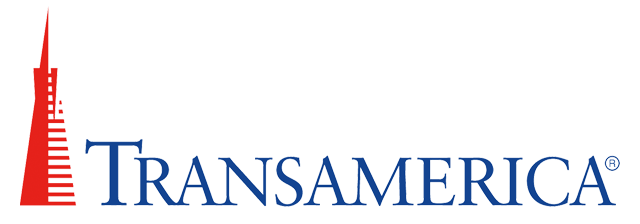 Transamerica logo with red stylized tower and blue wordmark on white background