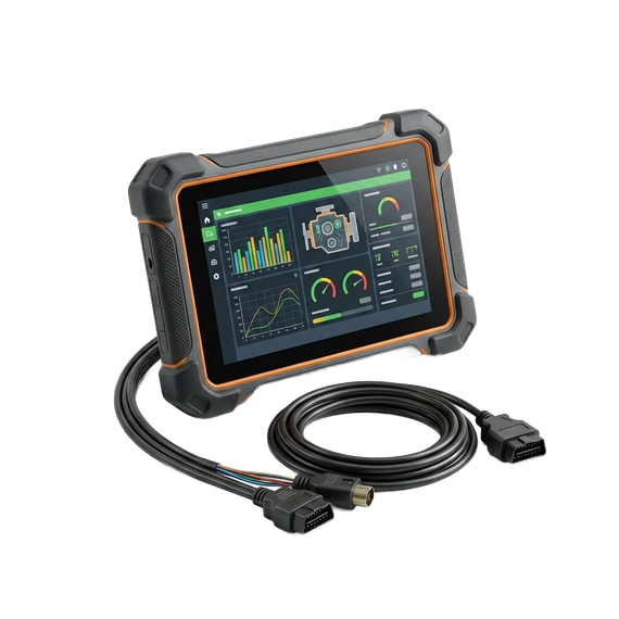 Tablet diagnostico robusto, nero e arancione, con cavi, che visualizza i dati sul display.