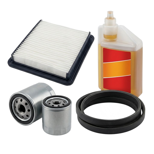 Filtro dell'aria per auto, filtro dell'olio, bottiglia del liquido e cinghia di trasmissione su sfondo bianco