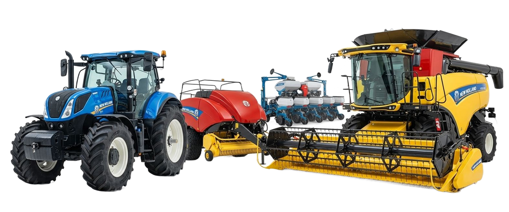 Trattore blu, irroratrice rossa e mietitrebbia gialla su sfondo bianco.