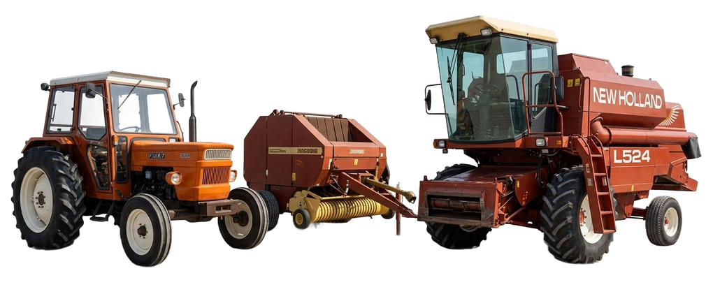 Tre trattori arancioni che trainano un rimorchio agricolo rosso su sfondo bianco.