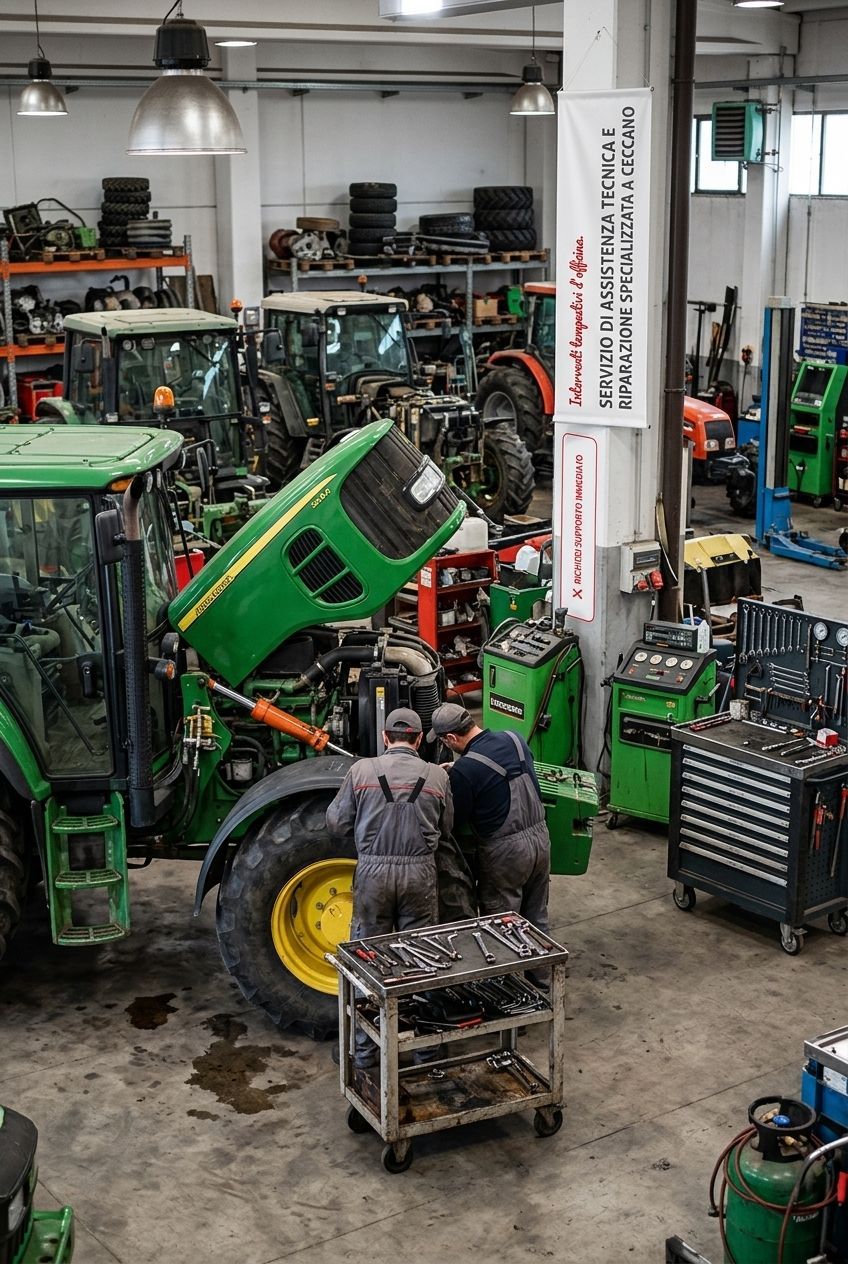 In un'officina affollata, alcuni meccanici riparano dei trattori verdi, con attrezzi e pezzi di ricambio a portata di mano.