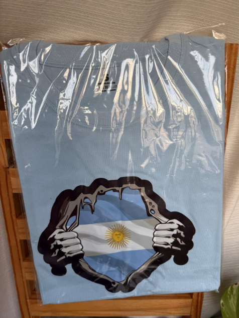Camiseta azul claro con un dibujo de una esposas rotas alrededor de una bandera argentina.