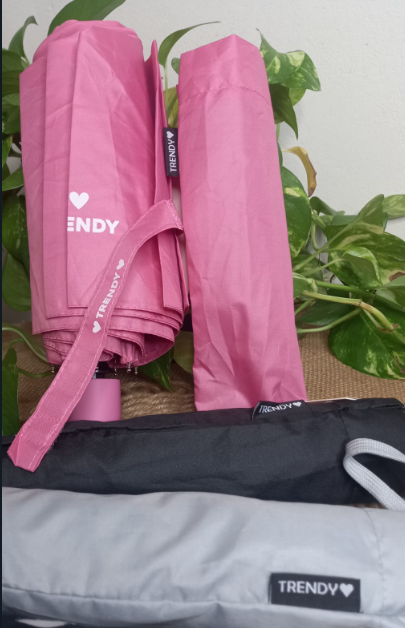 Cuatro paraguas compactos plegados en negro, gris, rosa y rosa fucsia, apoyados verticalmente contra una pared.