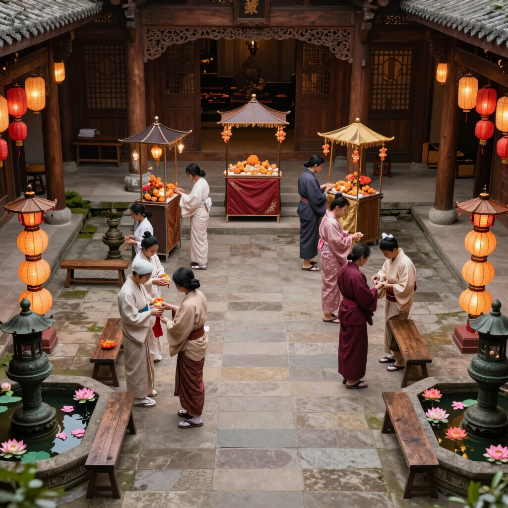 寺廟庭院舉行儀式，人們身著傳統服飾，手持燈籠，桌上擺放著供品。