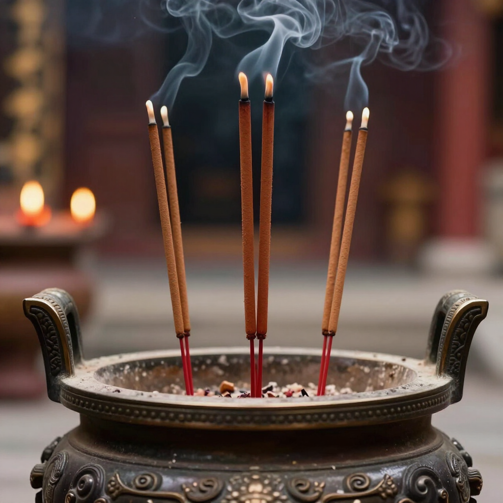 室內，精美的青銅香爐中點燃著香，縷縷青煙裊裊升起。