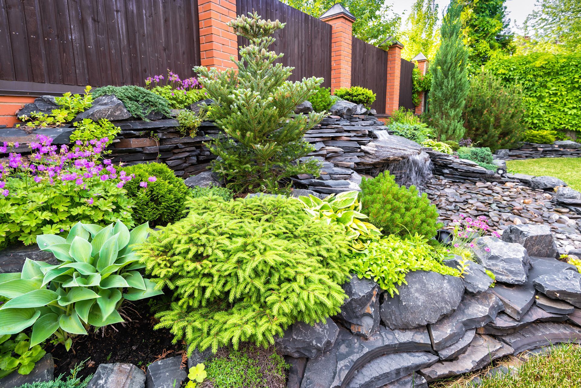 A rock garden with lots of plants and flowers in front of a wooden fence