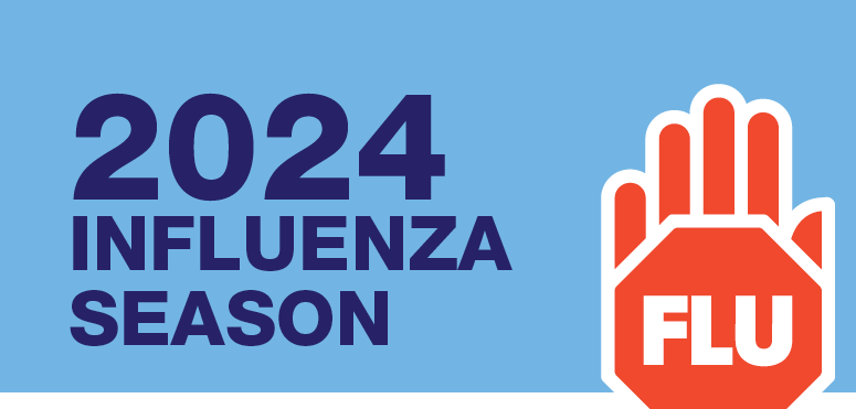 2024 Influenza Season graphic with blue background. Red hand with 