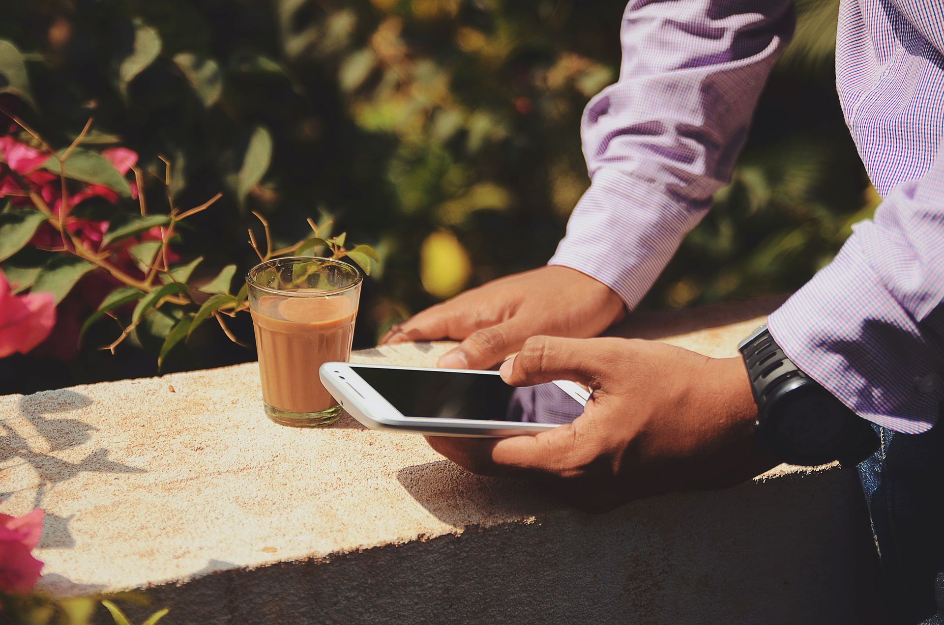 Person holding a phone, a cup of tea, and plants in the background.