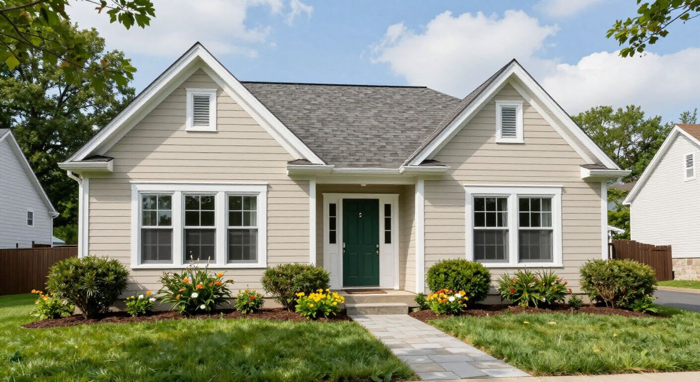 Tan bungalow with green door and white trim, two dormers, and pathway to front door.