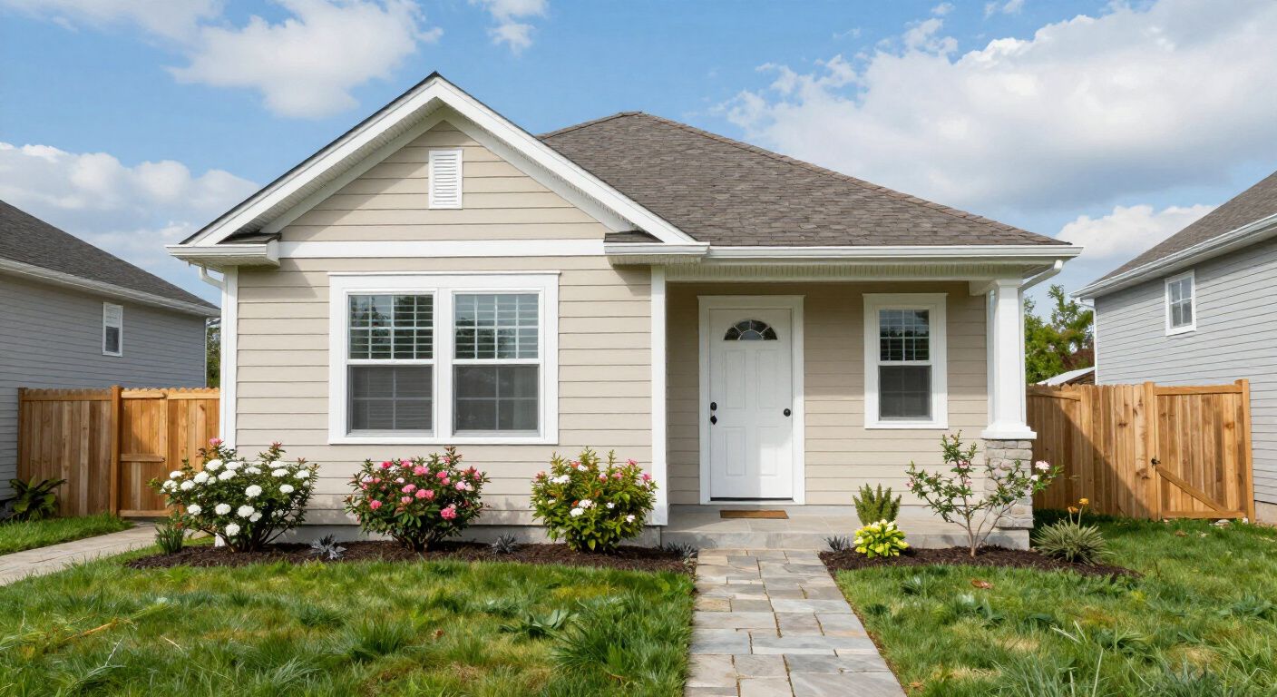 Tan bungalow house with white trim, a walkway, and a green lawn.