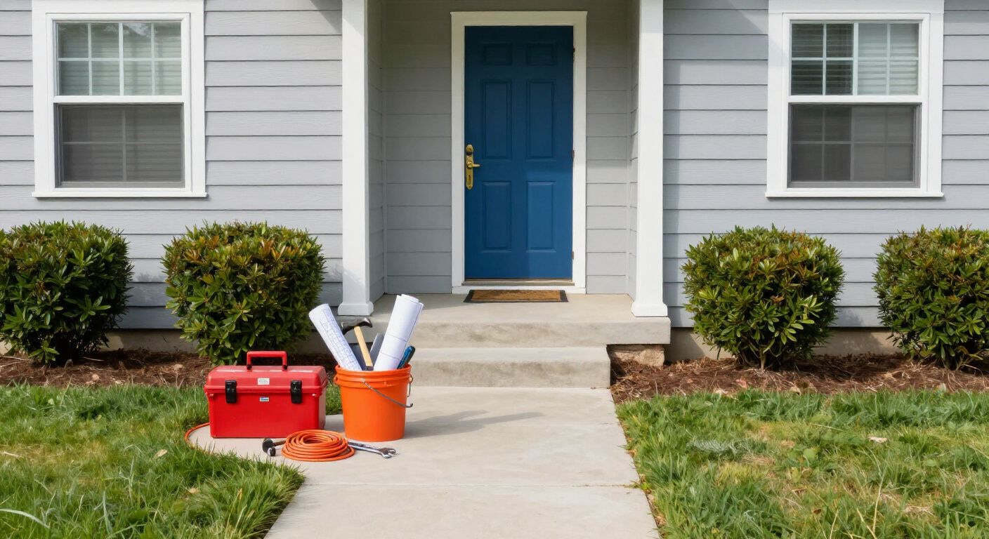 A house with tools: Red toolbox, orange bucket with blueprints, blue door. Grey siding and green lawn.
