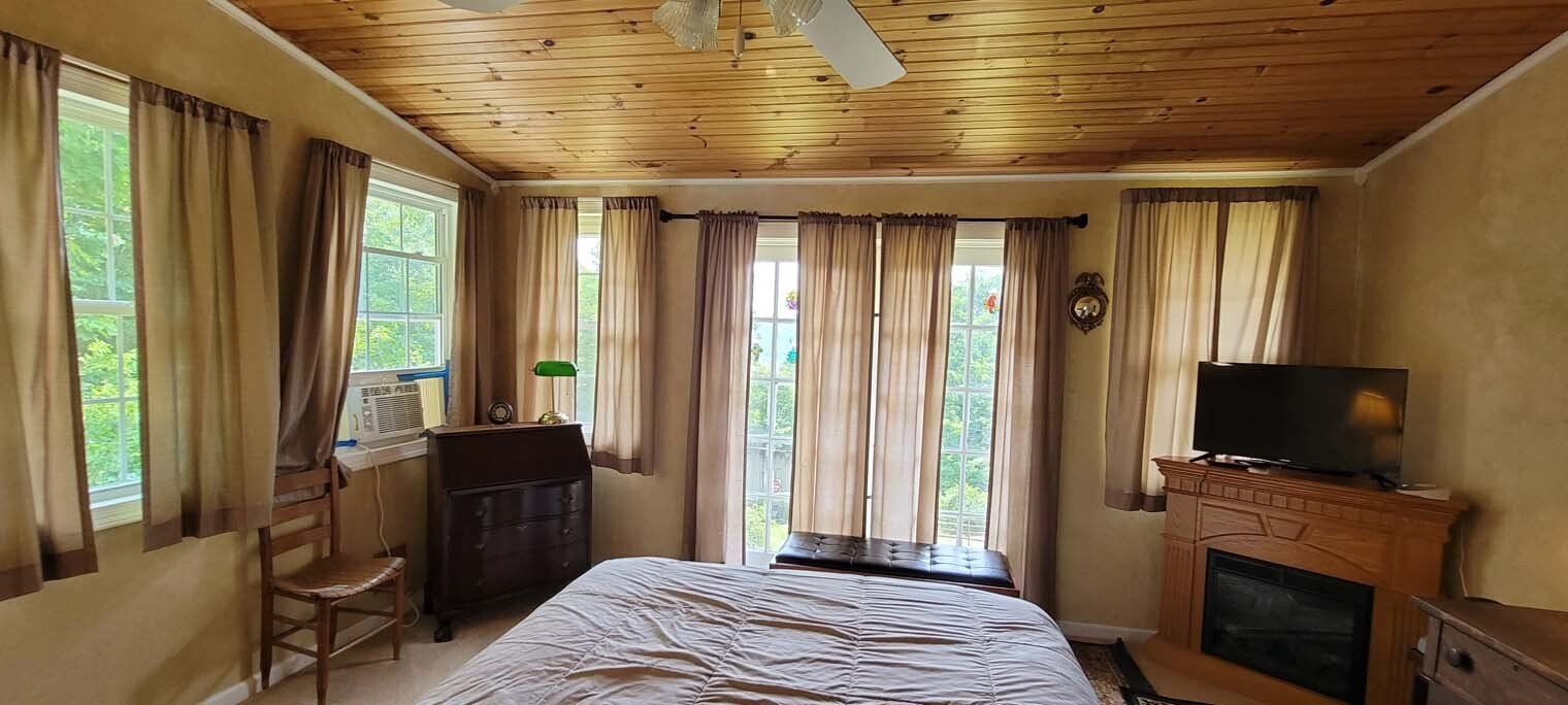 There is a fireplace in the middle of the room.