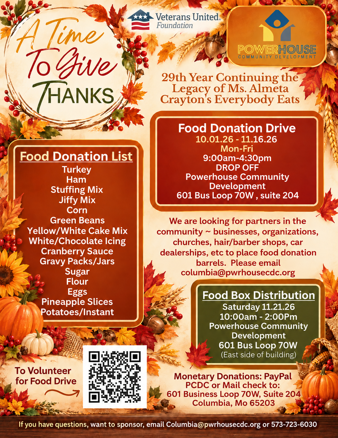 Thanksgiving food donation drive and food box distribution flyer