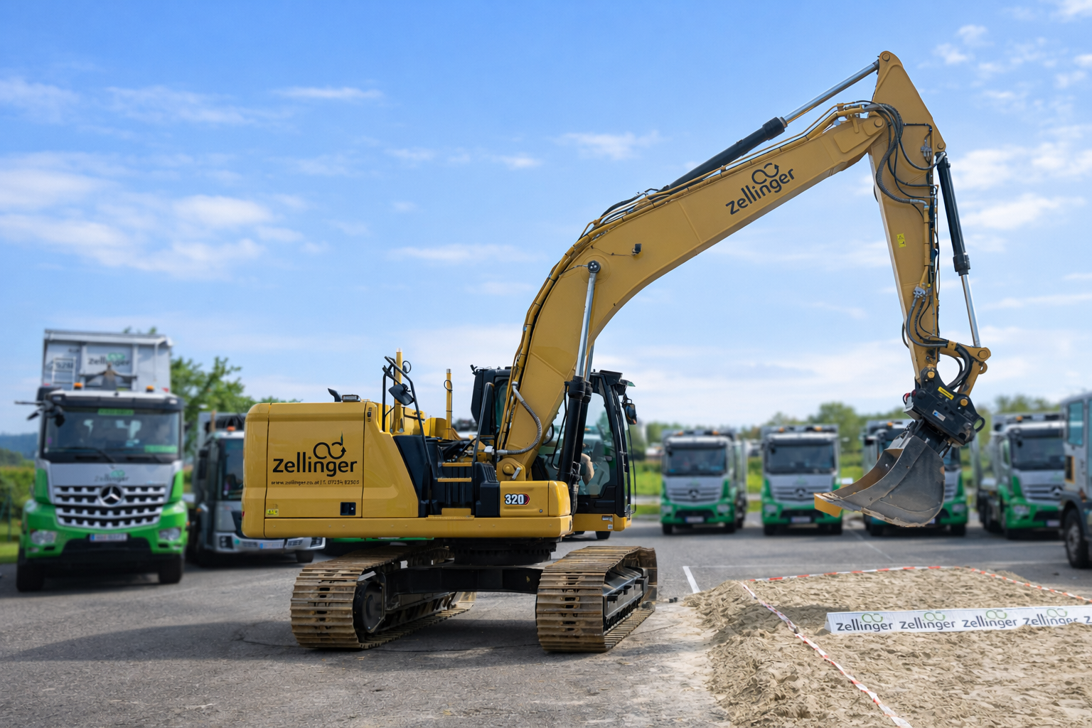 Excavator digging earth on a construction site with a house in the background.