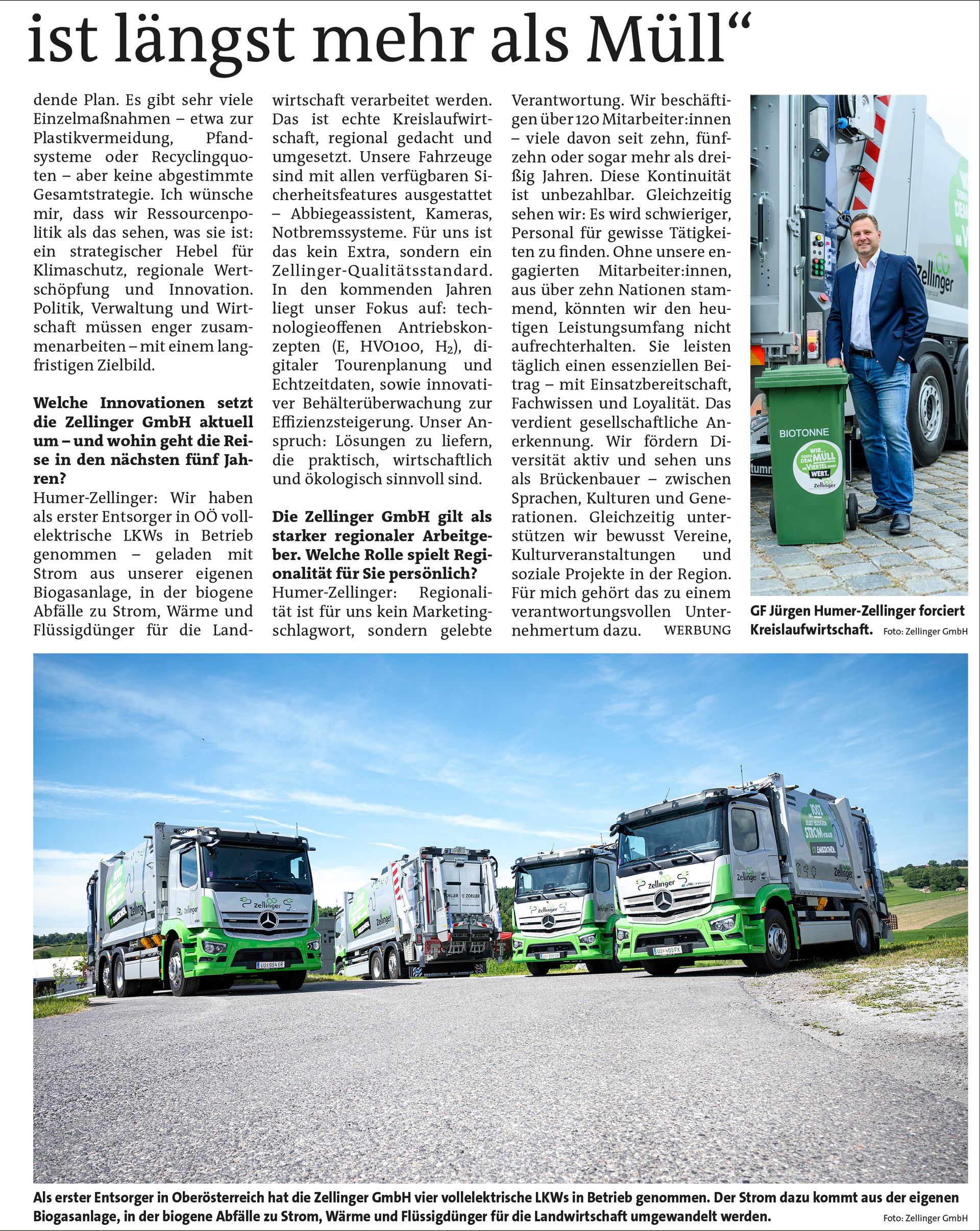 Ein Zeitungsauschnitt mit zwei Bildern, auf einem ist ein Mann neben einer Mülltonne zu erkennen und auf dem anderen Bild sind mehrere LKWs in grün zu erkennen