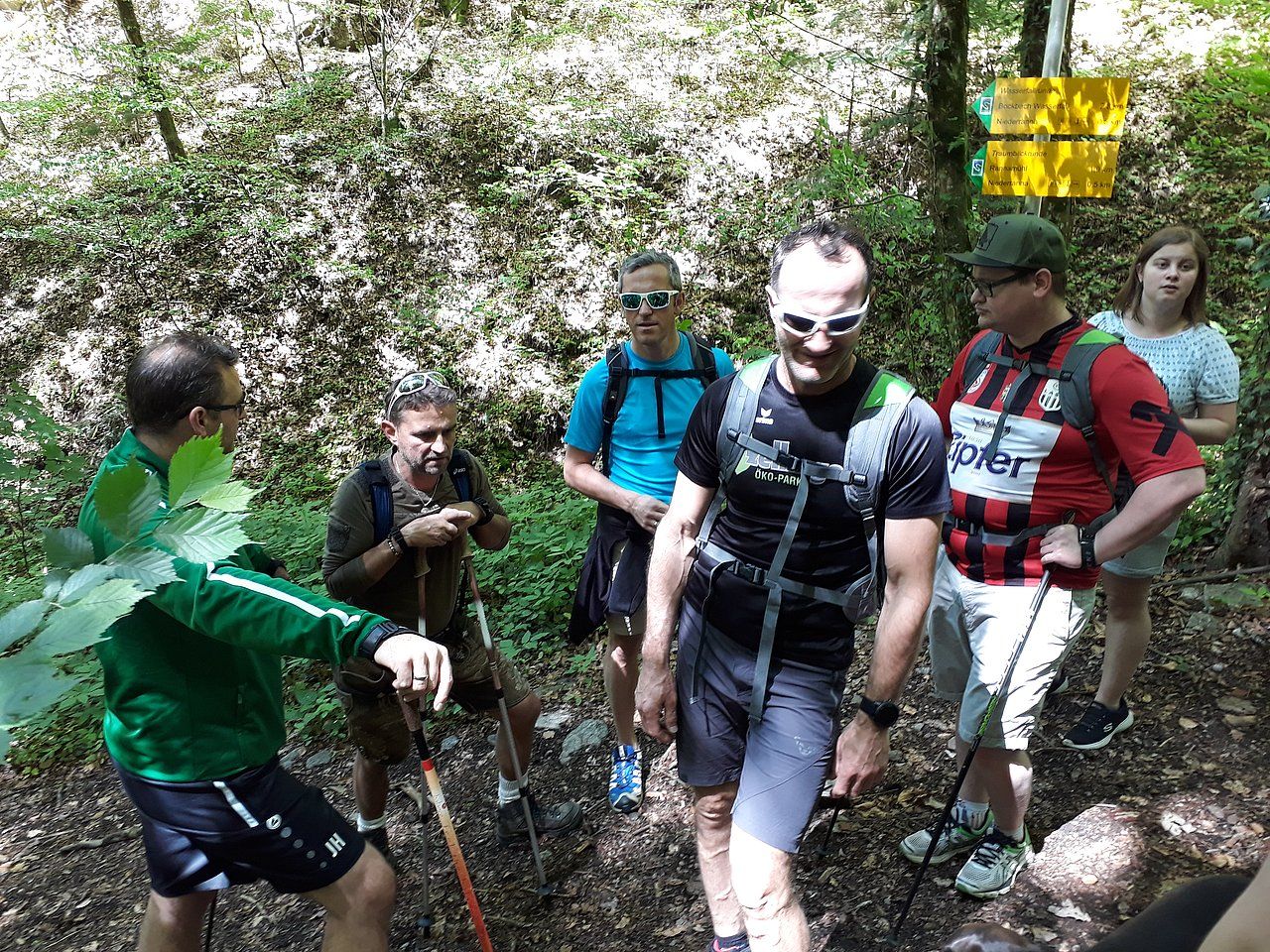 Group of hikers in a forest; man in black smiling; green, blue, red shirts; sunglasses; yellow sign.