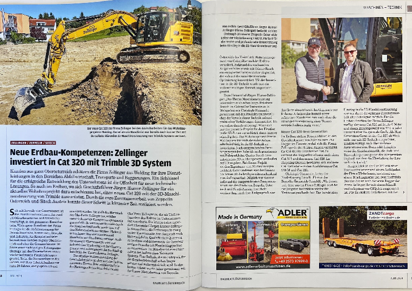 Page spread from a magazine about construction equipment; featuring an excavator digging and two men posing by a machine.