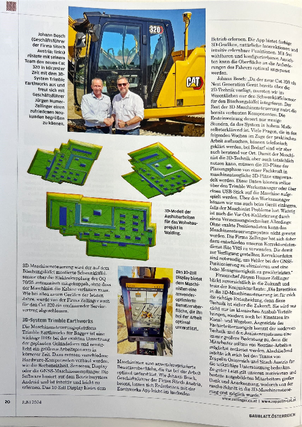Two men by a yellow excavator; 3D green models; a screen showing digital data.