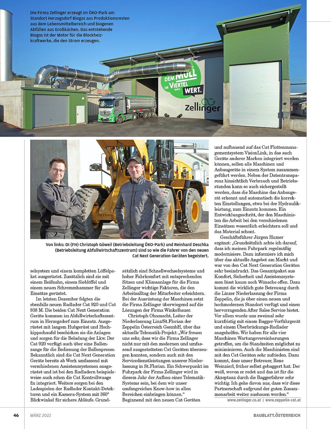 Two men stand outside a facility, next to heavy machinery. Facility has green door and sign.