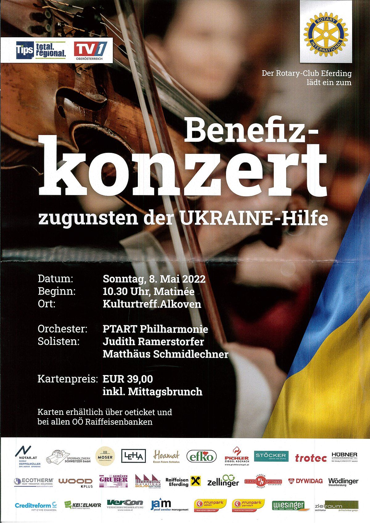 Poster for a benefit concert for Ukraine aid. Features a violinist, dates, and sponsors.