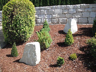 Landscaped garden with shrubs, rocks, and a stone wall.