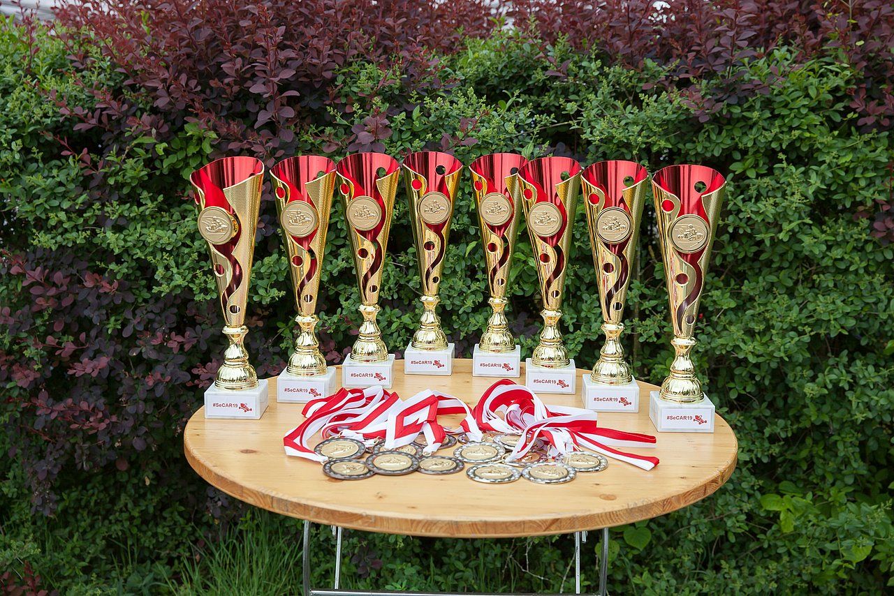 Trophies and medals on a table outdoors. Red and gold trophies stand behind rows of medals with red and white ribbons.