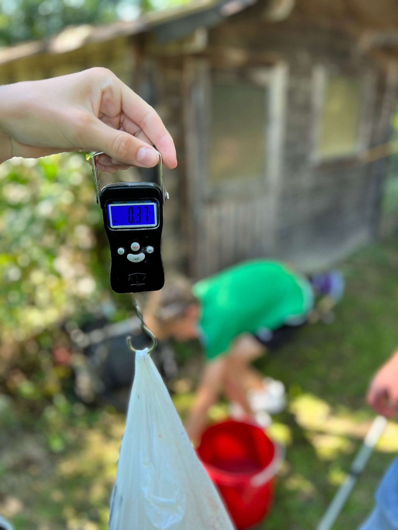 Person holding a digital scale, weighing contents in a plastic bag. Background includes a person near a red bucket and a small wooden building.