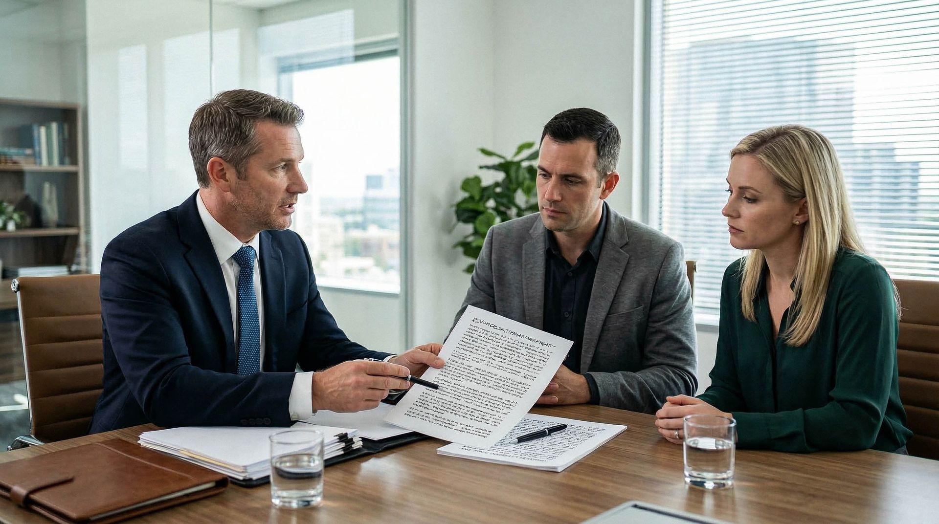 A mediator reviews a prenuptial mediation service agreement with a couple at a bright office table. A mediator reviews a prenuptial mediation service agreement with a couple at a bright office table.