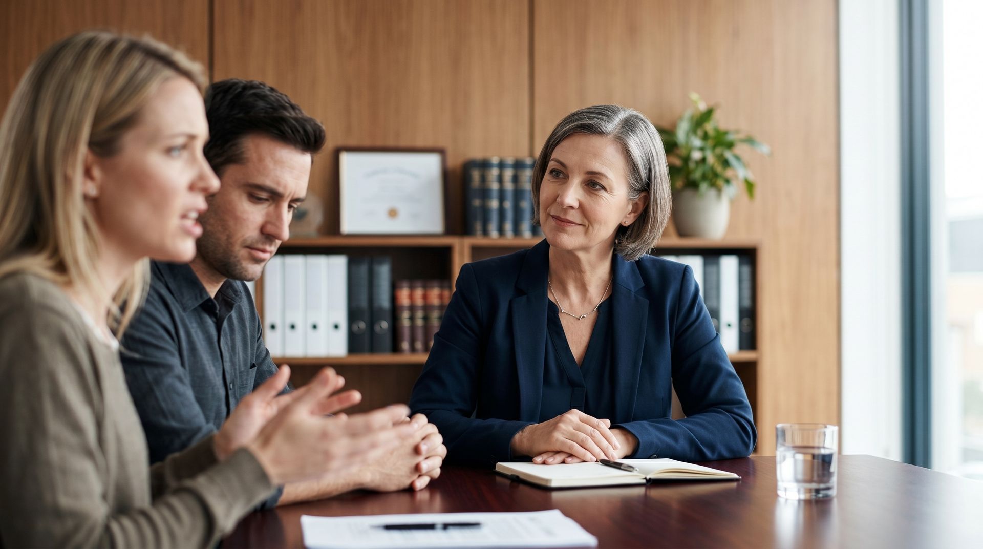 A couple sits across from a professional mediator at the table during a mediation services meeting. A couple sits across from a professional mediator at the table during a mediation services meeting.