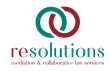 Logo for Resolutions, featuring two interlocking rings in teal and maroon, with the company name and service description.
