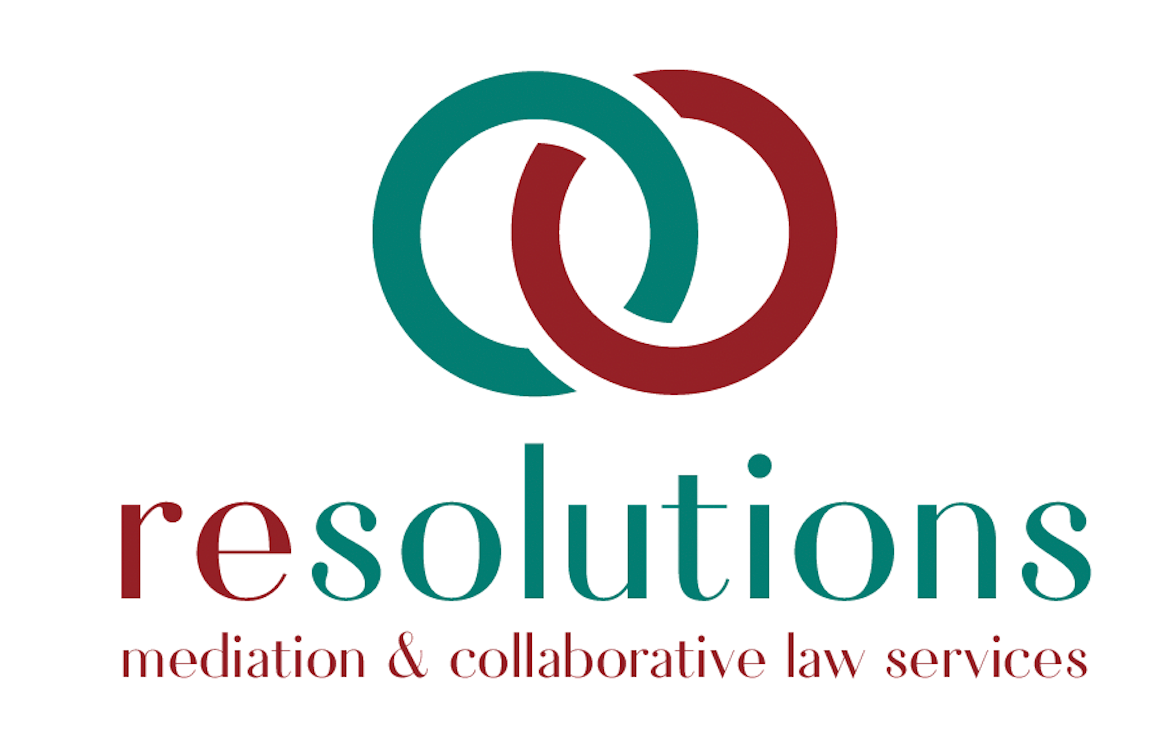 Resolutions Mediation & Collaborative Divorce Services Logo for Resolutions, featuring two interlocking rings in teal and maroon, with the company name and service description.