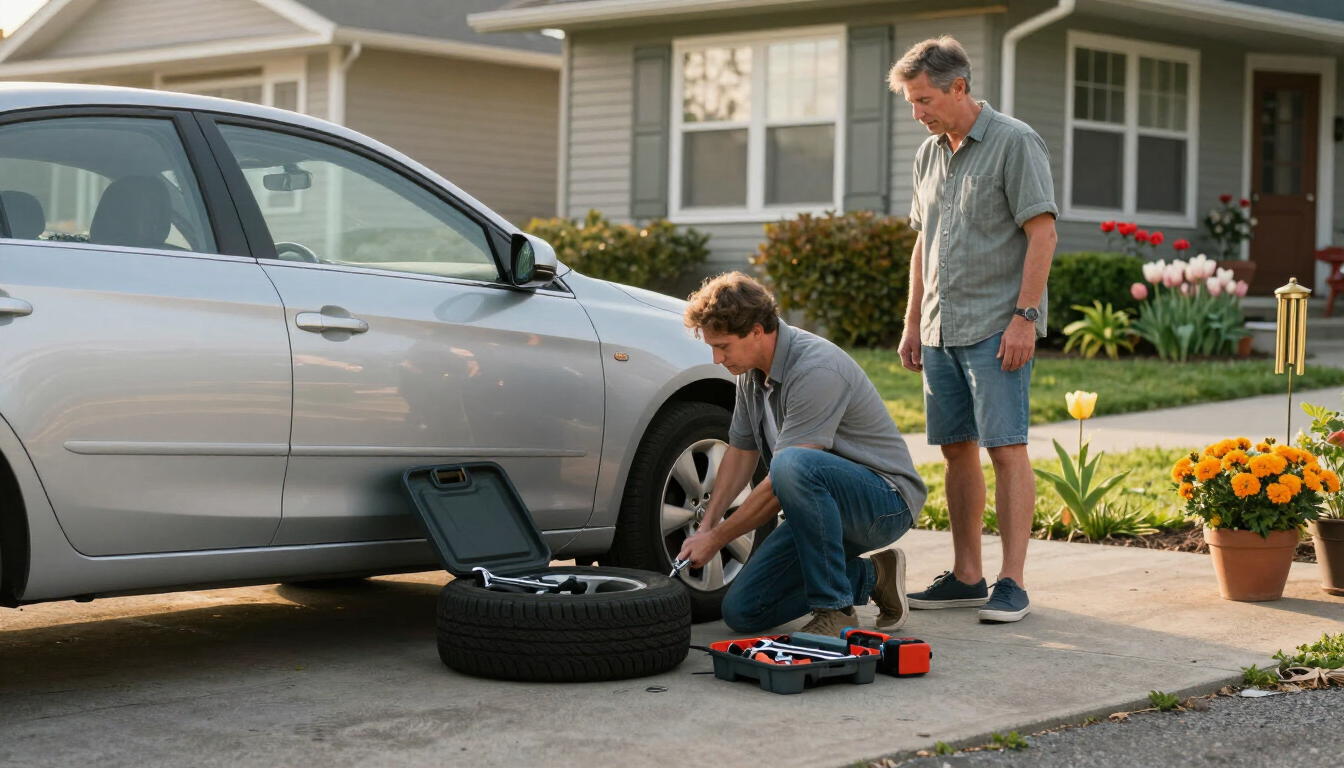 Two people change a car tire in a suburban driveway, with tools and a spare tire beside them.