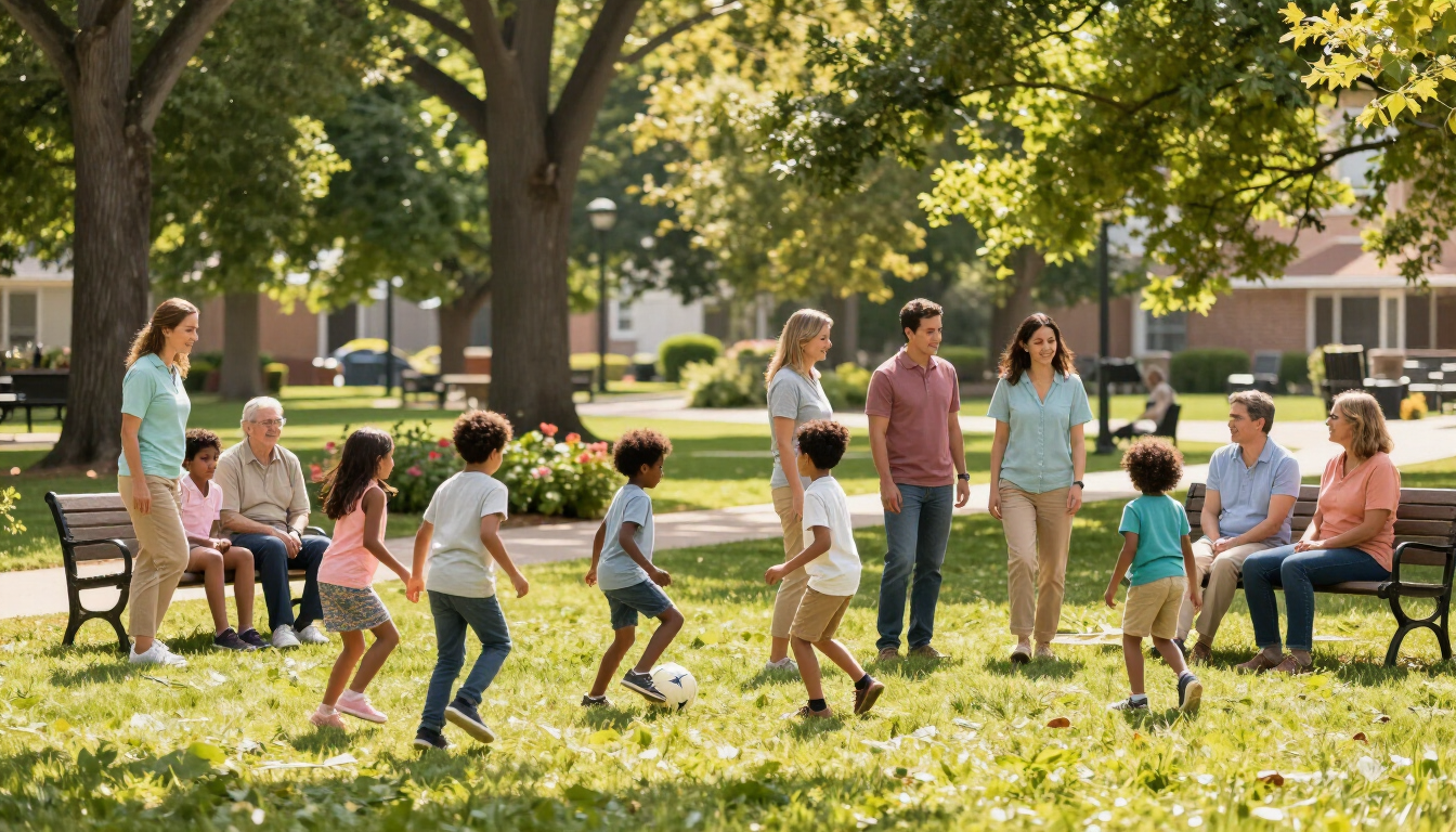 People playing and sitting in a sunny park with trees and a bench, children running and adults chatting